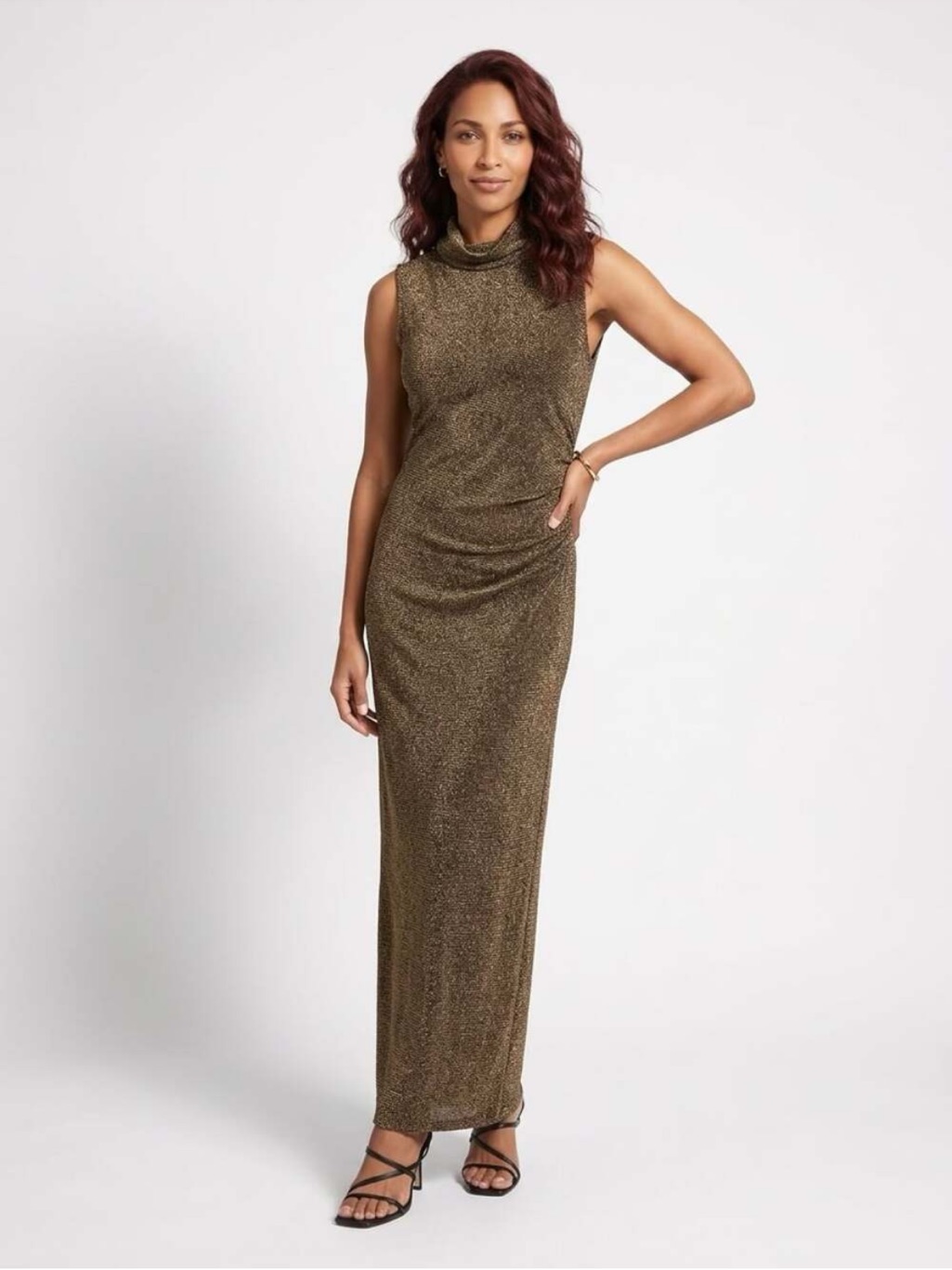 Lauren Ralph Lauren Evening Metallic Brown/Gold Sleeveless Cowl Maxi Dress 8